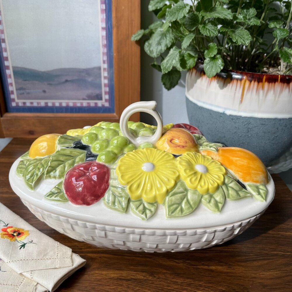Ceramic Cookies Jar Candy Dish Basket with Fruits Signed Joyse 74